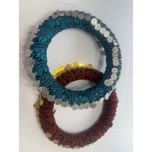 Handmade Palestinian Tatreez tambourine dancing Coins Red Teal Boho Wall Decor